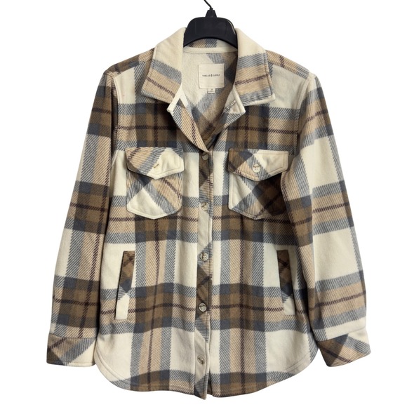 Thread & Supply Jackets & Blazers - Thread & Supply Brown Beige Plaid Fleece Shacket Button Front Jacket Small
